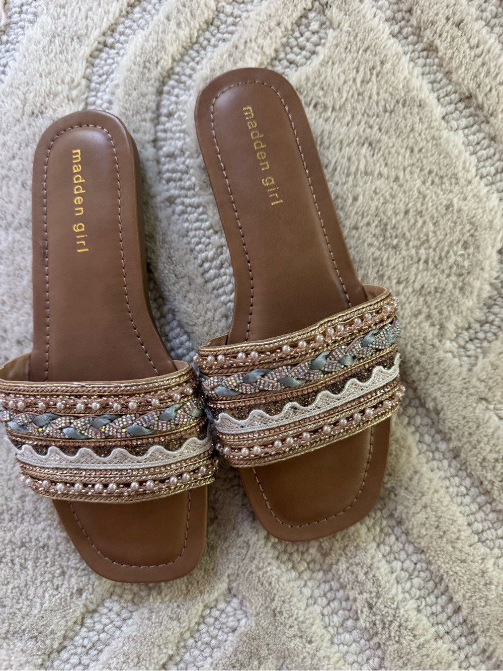 Madden Girl Brown Embellished Braided Slide Sandals
